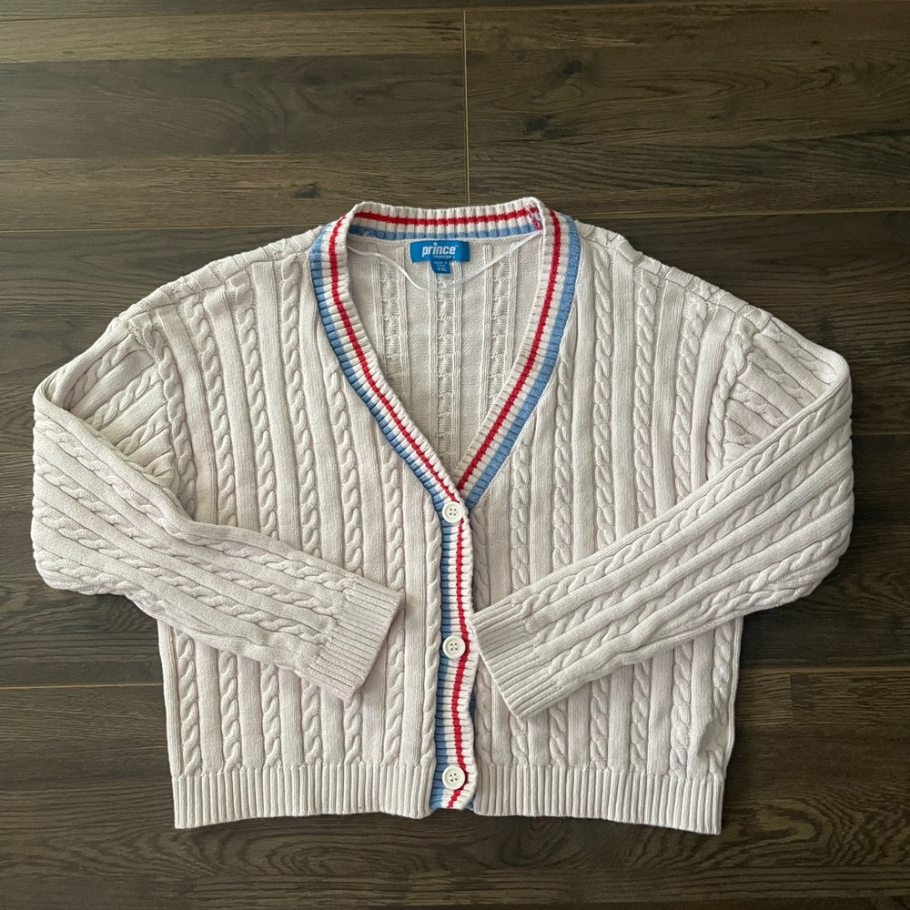 Prince Cable Knit Sweater with Red and Blue Trim